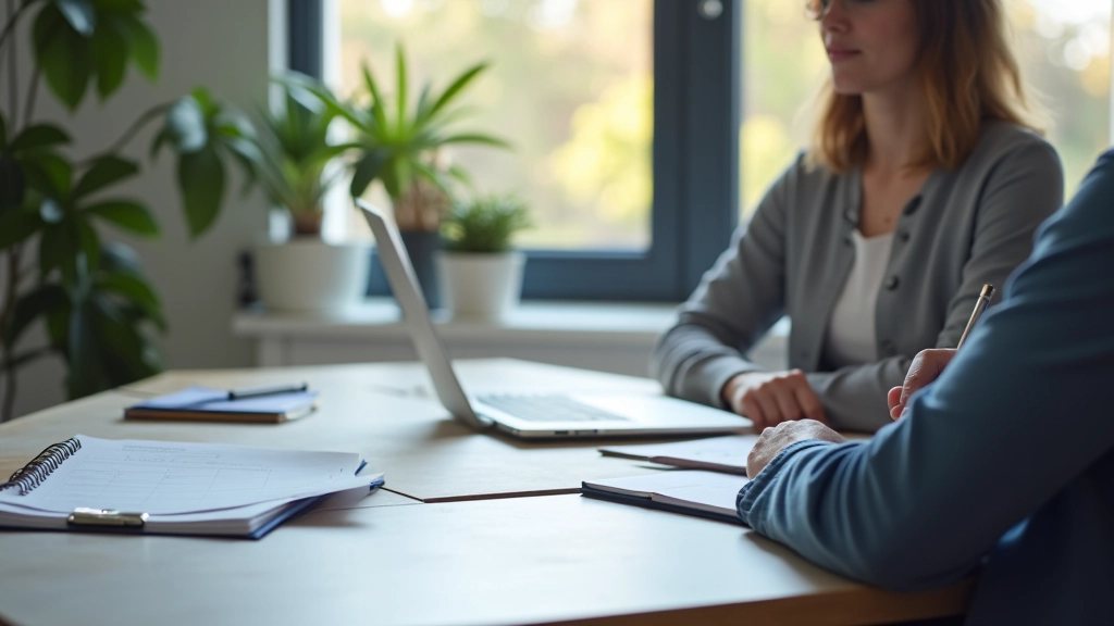 Administrateur aan bureau met laptop, spreadsheets en georganiseerde mappen