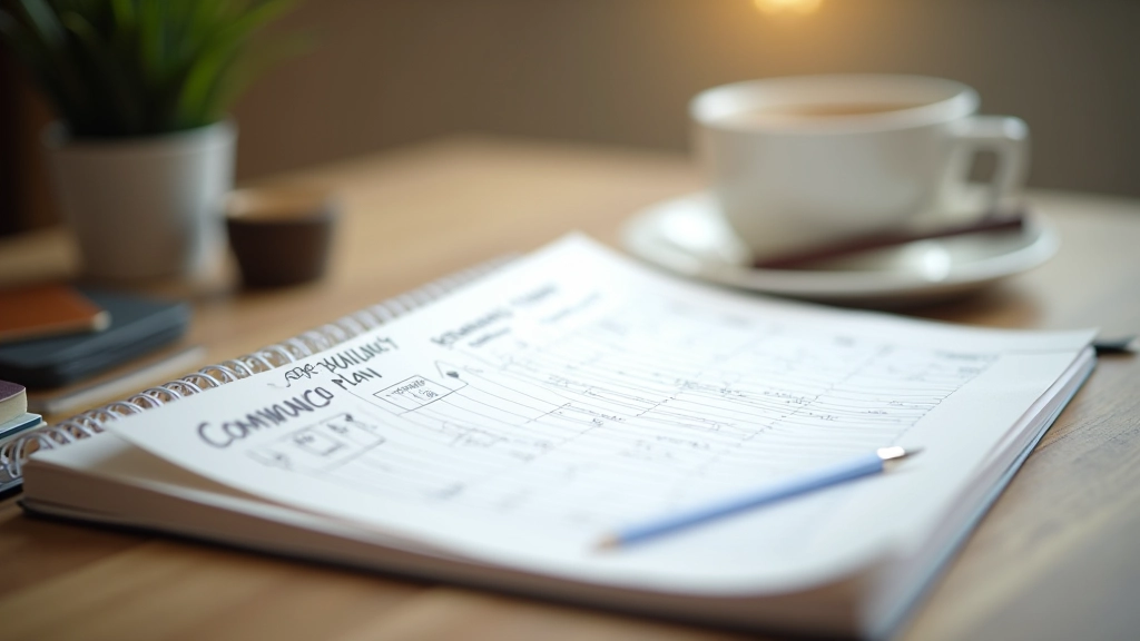 Notitieblok met communicatieplan naast koffiekopje en pen