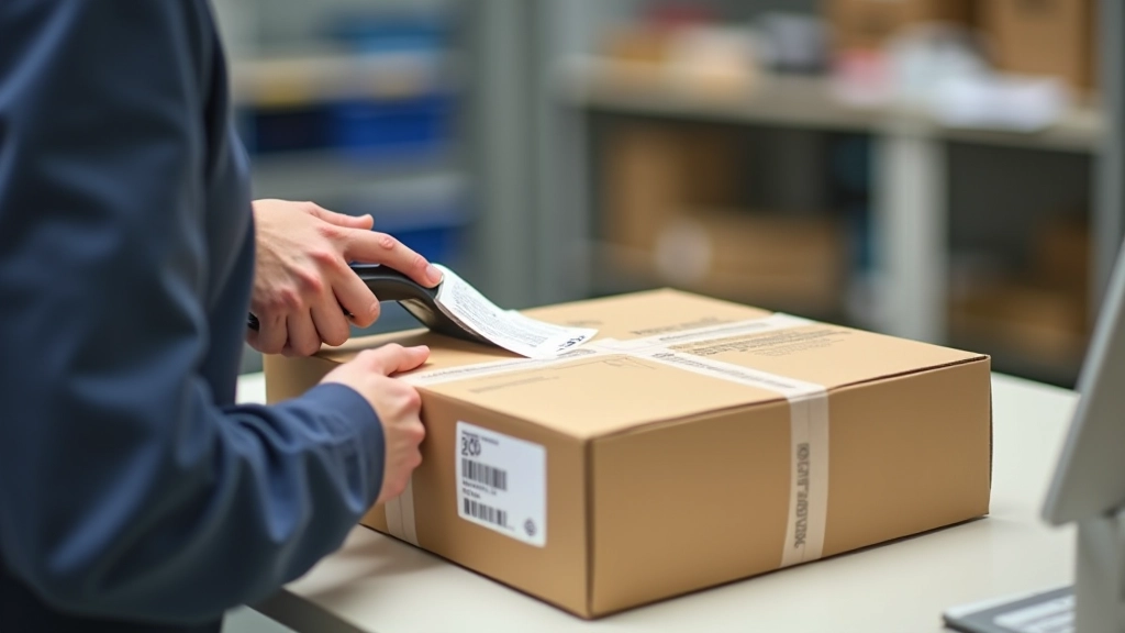 Pakket wordt voorbereid voor verzending met barcode scanner en verzendlabel, professioneel werkstation