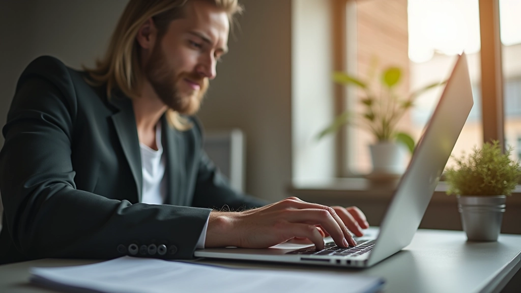 Persoon die op laptop e-mailsjabloon schrijft in een helderverlichtte werkruimte
