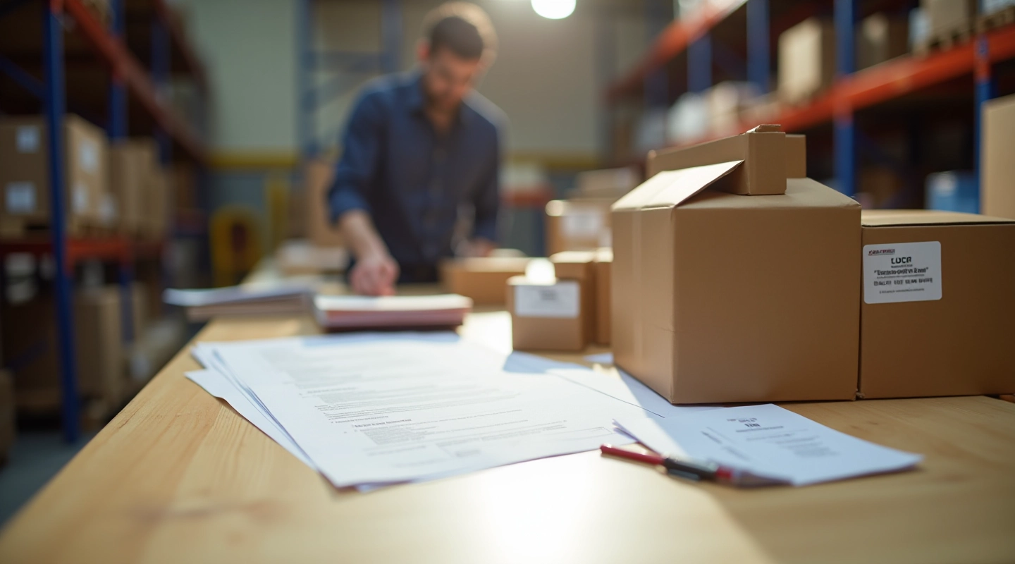 Logistiek workspace met verpakkingsmaterialen en planningsdocumenten